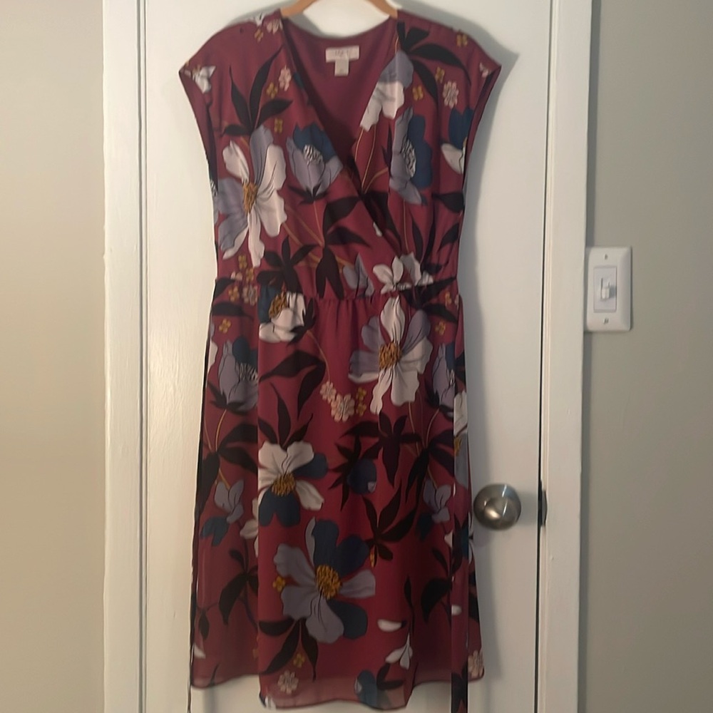 Loft burgundy knee length dress, petite medium, flowers all over